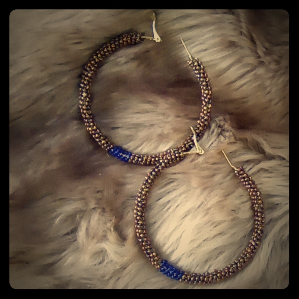Brown + Deep Blue Hoop Earrings NWT
